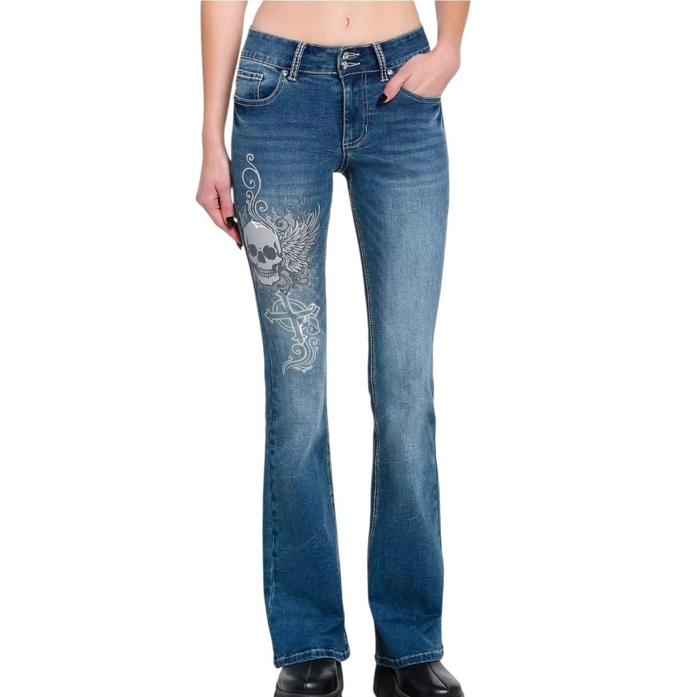 Hot Topic Size 5 Cross Skull Wings Rhinestone Flare Denim Pants Jeans Goth‎ Y2K